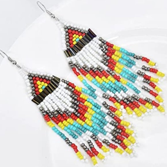 Long 4.5" White Turquoise Oversized Handmade Earrings New Southwestern - Picture 2 of 6